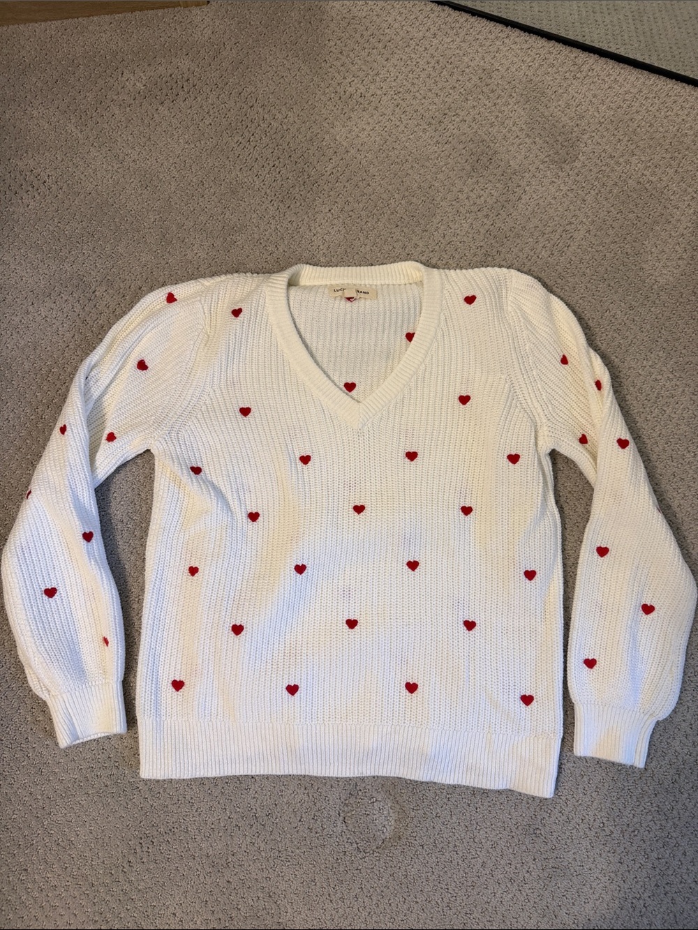 Lucky Brand White V-Neck Sweater with Red Heart Embroidery